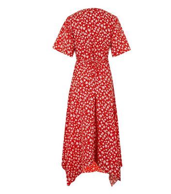 Red Ditsy Floral Asymmetric Wrap Midi ...